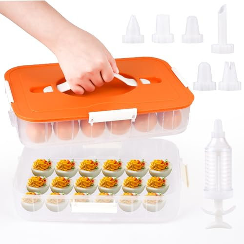 2-Layer Deviled Egg Containers with Lid, 36 Slots Deviled Egg Tray Carrier with Handle and 8 Pcs Deviled Egg Injector Piping Tool, Portable Egg Storage Carrier Tray Platter for Party Picnic Travel