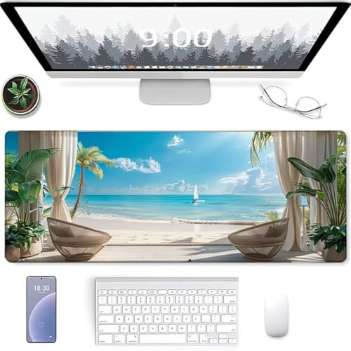 YALNSENN Mouse Pad Large, 900 x 400 x 3mm Mice Pad with Non-Slip Rubber Base, Mouse Mats for Comters Durable Stitched Edges, Neoprene Smooth Surface for Laser and Optical Mouse Mat, Beach Sailboat