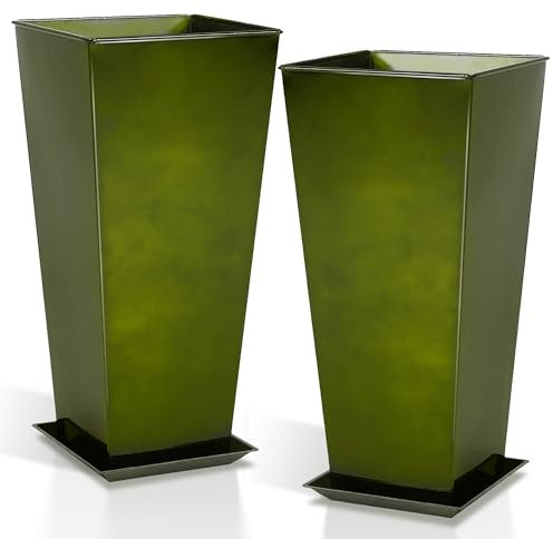 Worth Garden 28 Large Metal Glazed Planter Set of 2, Luxurious Glossy Finish Green Tall Square Tapered Steel Plant Pots, Decor Flower Pot Indoor & Outdoor, Drainage Hole & Dual-Purpose Plant Saucer