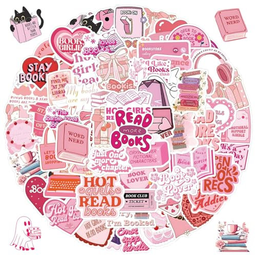 60 Stück Bookish Sticker,Rosa Serie Book Sticker Bookish für Buchliebhaber,Wasserfeste Buchaufkleber für Geschenke Deko Sammelalben Skateboard Koffer Handyhüllen [4-8cm]