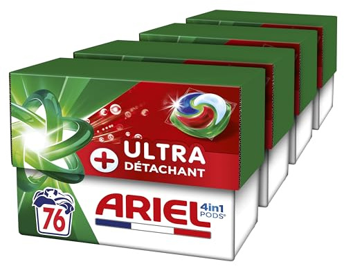 Ariel PODS 4en1 Lessive en capsule +Ultra Détachant Lessive en capsule x76 | 76 lavages (4X19). Élimine Même les Tâches Incrustées Depuis 7 Jours. Dissolution Rapide Même à Froid. Fabriqué en France