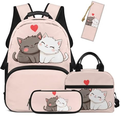 HUGS IDEA Rucksack für Kinder, Schultasche für Mädchen, 4–6, 6–8, 8–10, niedliches Schulranzen-Set, Süße Katzen, Einheitsgröße