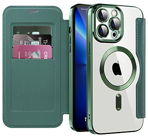 Magnetic Case for iPhone 13 Pro Cover Compatible with MagSafe Green JDC | Premium Flip Leather Card Slots with RFID Blocking Clear Shockproof Protective Cover for iPhone 13 Pro 6.1in
