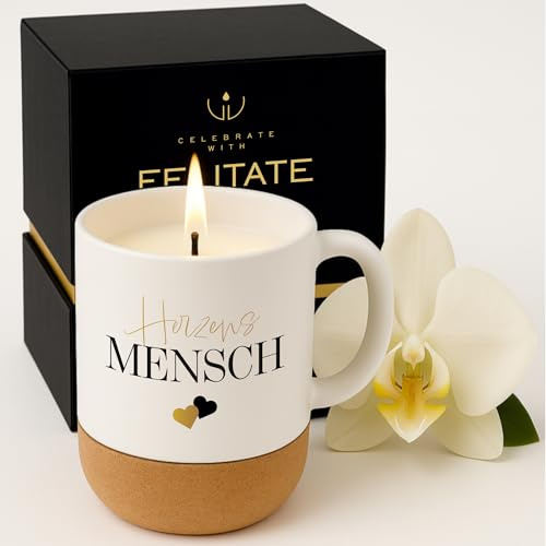 FELITATE Geschenk für Frauen & Männer, 2in1 Duftkerze in Tasse mit Spruch | Herzensmensch Geschenke zum Geburtstag, Vatertag & Muttertag, Geschenkidee für Kollegen, Freundin, Opa & Oma