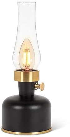 Akku LED Tischlaterne im Retro-Stil – Tragbare Outdoor & Indoor Lampe, dimmbar, wetterfest IP44, für Garten, Terrasse, Balkon & Camping, Beige mit Gold-Details, Energieeffizient (Schwarz)