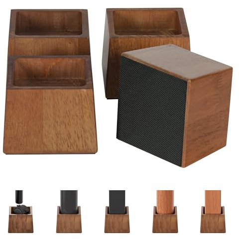 TQVAI Wood Bed Risers 3 Inch (Inner 2 H), Furniture Risers Supports up to 2200 lbs Heavy Duty for Sofa Desk Couch Table, 4 Pack Table Legs Support with Non-Slip Rubber Pad, Retro Brown