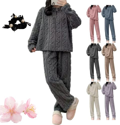 Qosneoun Women Fleece Pyjamas, Fluffy Soft Warm Cosy Loungewear Sets, Quarter Zip Pullover And Wide Leg Pants 2 Pieces Nightwear
