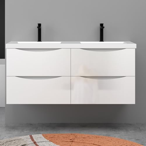 Aica Meuble de Salle de Bain Suspendu 120 cm, 4 tiroirs, avec Vasque, MDF Blanc Brillant