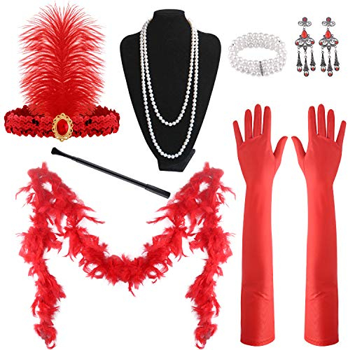 FEPITO 9 Pcs 1920er Jahre Zubehör Set Flapper Stirnband Halskette Ohrringe Lange rot Handschuhe Boa Great Gatsby Thema Party Zubehör für Frauen (Set F)