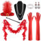 FEPITO 9 Pcs 1920er Jahre Zubehör Set Flapper Stirnband Halskette Ohrringe Lange rot Handschuhe Boa Great Gatsby Thema Party Zubehör für Frauen (Set F)