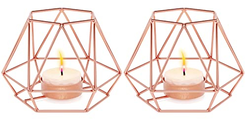 MoYouno 2 Stück Metall Teelichthalter Set, Kerzenhalter Metall,Hohl Eisen Dekorative Kerzenlaternen Halter, Home Ornament für Wohnzimmer, Hochzeit, Party,Teelichthalter Hochzeit (Rose Gold, S)