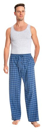 JTPW Men's 100% Cotton Flannel Sleep Pajama Pants with Pockets, Black Blue Plaid, Size: L