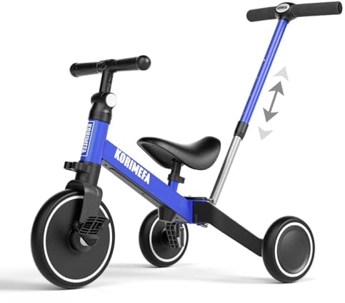 KORIMEFA 4 in 1 Kinder Laufrad Dreirad, Kinderdreirad Laufräder Lauffahrrad mit höhenverstellbarer Schubstange PU-Sitz, Lauflernrad Abnehmbarer Pedale (Blau(mit Schubstange))