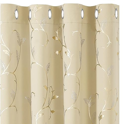 BUHUA 2er-Set Vorhang Blickdicht Verdunkelungsgardinen mit Ösen für Schlafzimmer Fenster Gardine mit Gold Weinstock Musterdruck, H 229 x B 117 cm, Beige