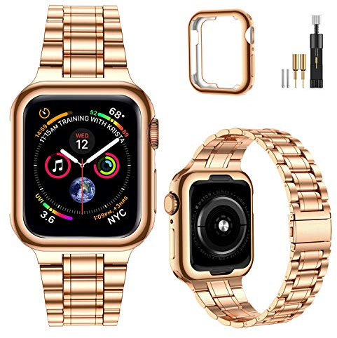 MioHHR Solid Stainless Steel Band Compatible with Apple Watch 41mm, Metal Strap with Soft TPU Case for iWatch Series 9 8 7 Women and Men, Rose Gold