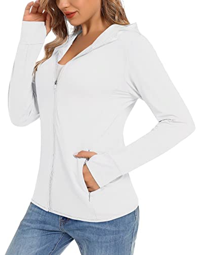TACVASEN Damen UV Schutz Jacke Leicht Langarm Sommershirt Sun Hoodie Outdoor Rash Guard für Wandern Angeln Jogging (XL, Weiß)