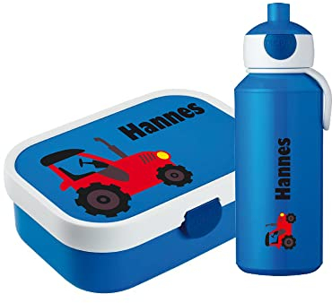 4youDesign SET: blaue Brotdose mit Fächern &Trinkflasche -Trecker- personalisiert mit Namen I Campus mit Bento-Box & Gabel für Jungen & Mädchen, Traktor