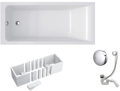 VBChome Badewanne 170x70 cm Acryl SET Wannenträger Siphon Wanne Rechteck Weiß Design Modern Styroporträger Ablaufgarnitur in Chrom