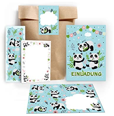 12 Einladungskarten zum Kindergeburtstag Geburtstag Mädchen Jungen Panda incl. 12 Umschläge, 12 Tüten/natur, 12 Aufkleber, 12 Lesezeichen, 12 Blöcke