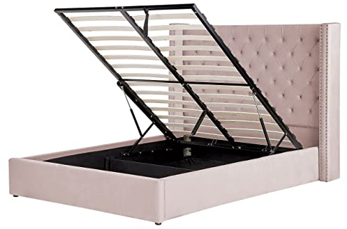 Letto contenitore velluto rosa pastello e argento 160 x 200 cm