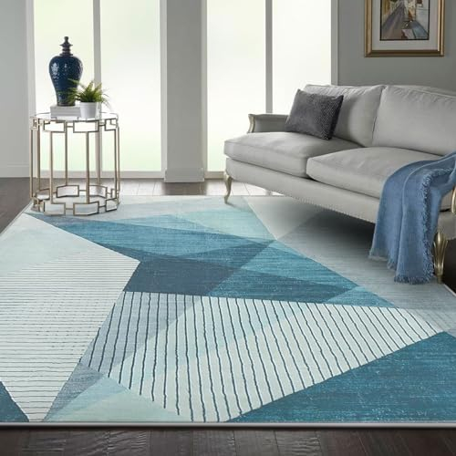 ASIinnsy Kurzflor Teppich Wohnzimmer Teppich Geometrisches Muster Abstrakt Moderne Teppiche Blau Grau rutschfest Weich Großer Teppich Schlafzimmer Wohnzimmerteppich (Blau Grau, 200 x 300 cm)
