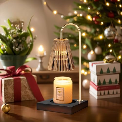 OKYUK Candle Warmer Lamp Compatible with Jar Candles Vintage Electric Candle Lamp Dimmable Candle Melter Top,Wooden Base with Glass Lampshade, with 2 Bulbs (Smoke Gray with Timer)