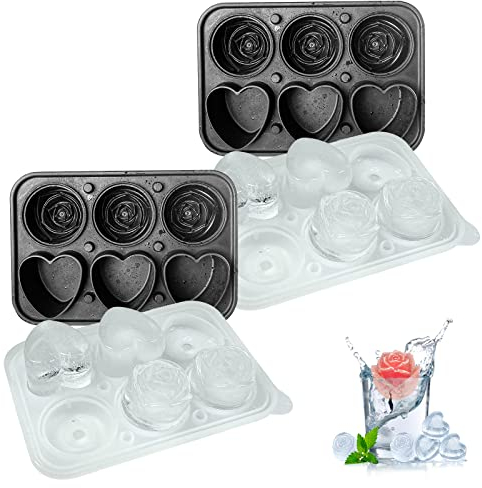 2x Eiswürfelform Silikon mit Deckel Rose und Herzen, BPA Frei Eiskugelform für Whisky Cocktails Bier Gekühlte Getränke ice Cube Tray, Auslaufsicher 5cm Groß Eiswürfelbehälter
