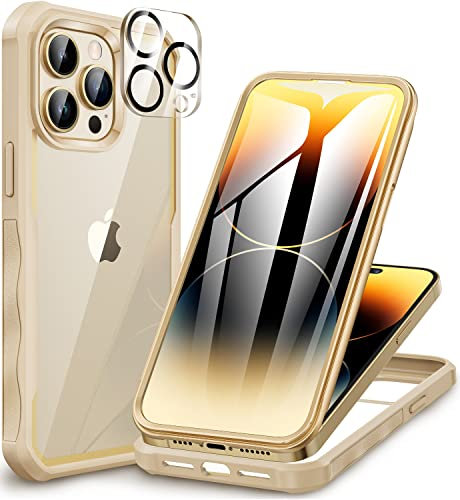 CENHUFO Compatible with iPhone 14 Pro Max Case Built-in Glass Screen Protector with Camera Lens Protector, Full Body Protective Phone Case for iPhone 14 Pro Max Case Shockproof -Gold/Beige