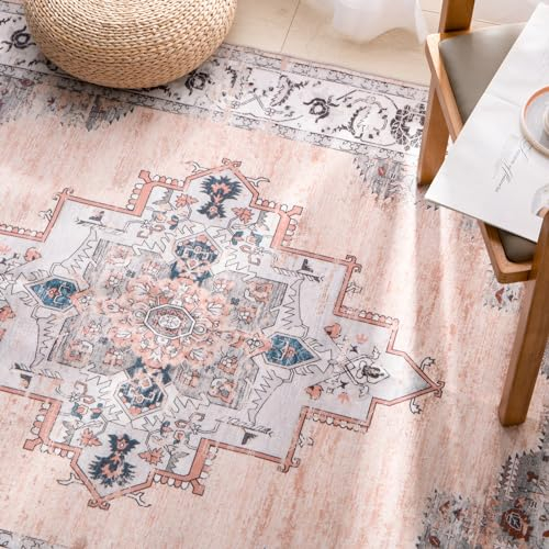 Carvapet Läufer Teppich 90x150cm rutschfest Lang Küchenteppich Waschbar Dünner Teppiche Gegend Retro Medaillon Teppich für Wohnzimmer Schlafzimmer Küche(Rosa Grau)
