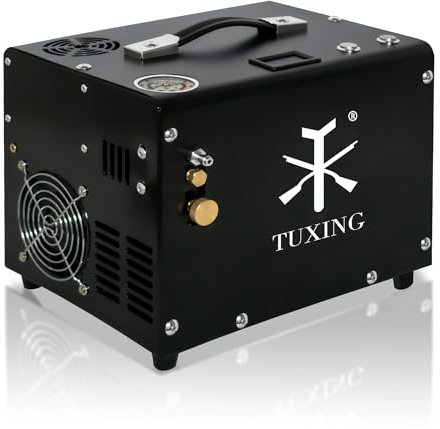TUXING Pcp Compresor de Aire,Libre de Aceite/Agua,Transformador/Sistema de Drenaje Incorporado,Alimentado por Coche 12V DC o Casa 220V AC con Adaptador (Incluido),Bomba para Rifles de Aire
