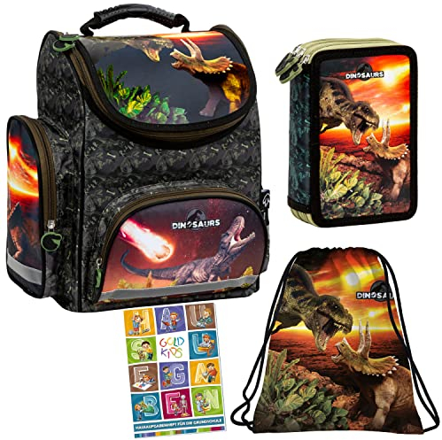Goldkids Schulranzen 4er Set Ranzen Tornister Federmappe Turnbeutel Turnsack Aufgabenheft für die Grundschule Dinosaurier Dino Motiv