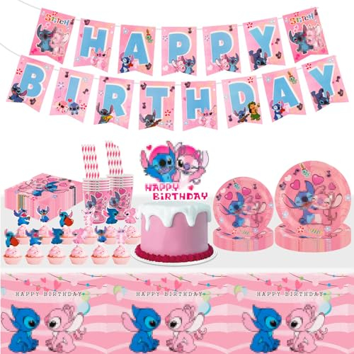 94PCS Birthday Decorations Kids Party Tableware Set with Plates, Cups, Napkins, Banner, Cake Topper for 10 Guests