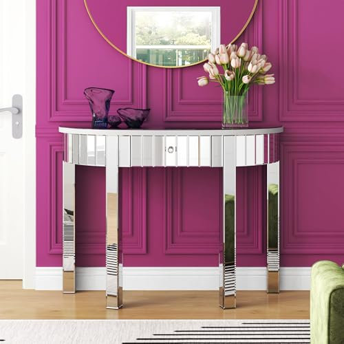 blingworld Consolle a mezzaluna a specchio, tavolo da ingresso in vetro HD con 1 cassetto, consolle argento da 99 cm, per corridoio, soggiorno, finitura a specchio