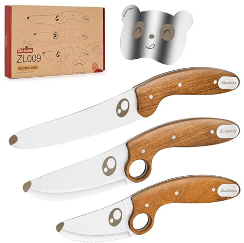 Kindermesserset für echtes Kochen mit pädagogischem Ring und gezackter Klinge und Panda-Fingerschutz, 4-teilig, Kinder-Kochmesserset mit Palisandergriff, Edelstahlklinge zum Erlernen des Schneidens