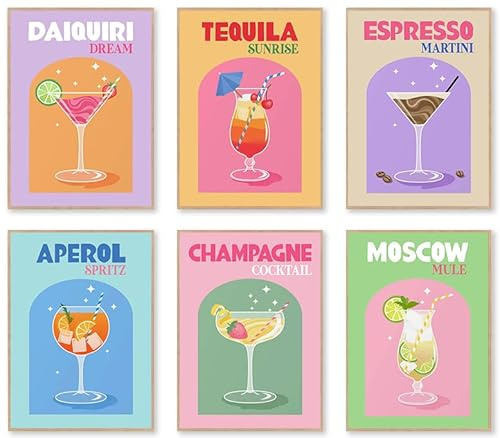 KBKBART Cocktail-Mixology-Wandkunstdruck, niedlich, bunt, Likör, Alkohol, Wandkunst für Zuhause, Cocktail-Poster, ästhetisch für Mädchen, Party, Wohnheim, Küche, Bar, Dekoration, flippig, trendig