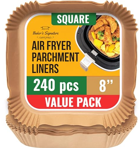 Baker's Signature Backpapier für Heißluftfritteuse, 250 Stück - 20.32cm Quadrat für 5.7-9 L Körbe - Ungebleichte Airfryer Backpapier - Ideal für Ofen, Pfannen und Backen - Einfach zu Reinigen