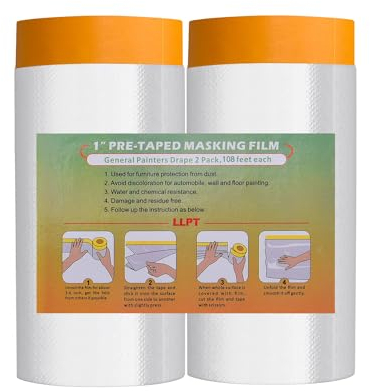 LLPT Tape and Drape Pre-Taped Masking Film | 2-Pack | Versatile Painter's Plastic Dust Sheets for Auto Wall Furniture Painting and Spraying Protection (MFTO1433) | 140cm(Unfolded) x 33m