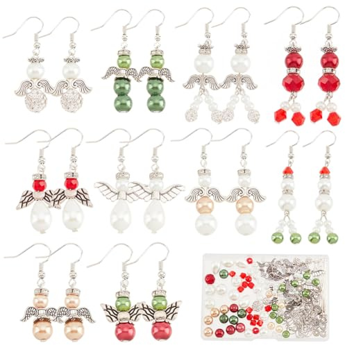 SUNNYCLUE 1 Box DIY 10 Paar Weihnachtsperlen Ohrring Herstellungsset Für Erwachsene Engelsflügel Abstandshalter Weihnachten Rot Grün Runde Perlen Strasssteine Lose Perlen Flügel Charms Ohrringe Haken