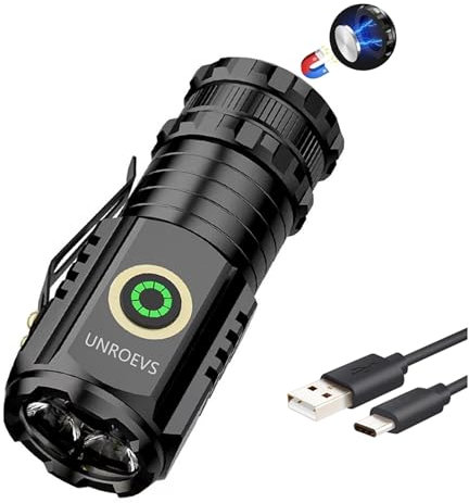 UNROEVS Mini LED Flashlight Rechargeable USB C Charging, Max 2550 Lumens with 5 Light Modes, Pocket Flashlight with Clip, Magnetic, Waterproof, Aluminum Body, EDC, Camping, Hiking, Emergency