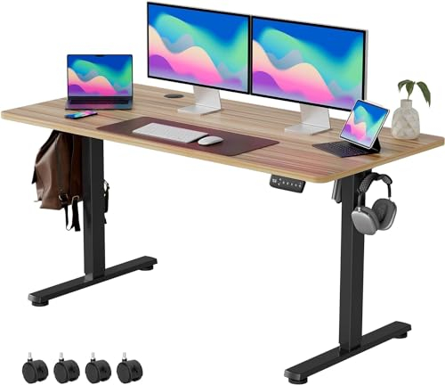 VOSATRON Elektrisch Höhenverstellbarer Schreibtisch 140x60cm Schreibtisch Höhenverstellbar mit Memory-Steuerung und Anti-Kollision Technologie, Rollen, Spleißbrett, Schwarz Rahmen/Ahorn Tischplatte