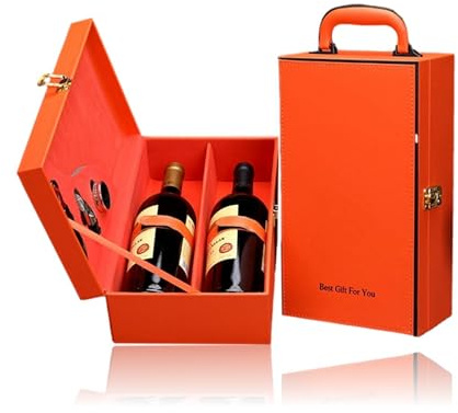 Bayli 3-teiliges Sommelier-Set in edler Geschenkbox für 2 Weinflaschen | Weinbox aus Kunstleder für 2 x 0,7L Weinflasche | tragbare Weinkiste [orange] für Wein | eleganter Weinkoffer mit Tragegriff