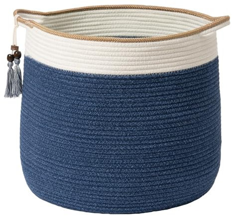 Panier tissé en corde de coton LA JOLIE MUSE, panier de rangement, grand panier à linge, 36x44x38 cm, rangement élégant pour couvertures, coffre à jouets, décoration cadeau bleu azur