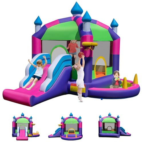 GOPLUS 5 en 1 Château Gonflable Enfants Auvent, Maison Gonflable avec Trampoline, Toboggan, Panier de Basket, Piscine à Balles, 8 Piquets de Sol, pour Enfants de 3-10 Ans Charge 45KG+45KG