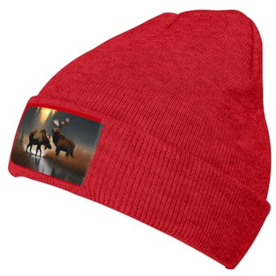 OdDdot Beanie-Mütze mit Hirschbär-Elch-Aufdruck, Wintermütze, Strickmütze, Herrenmütze, randlose Mütze, Skater-Mütze, rot, One size