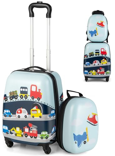SOARS Kinderkoffer & Rucksack, Kindertrolley mit Rollen & verstellbarem Griff, Koffer Set, Kindergepäck, Reisekoffer Kinder Jungen & Mädchen, für Spielzeug, Kleidung (Auto B, 12+16)
