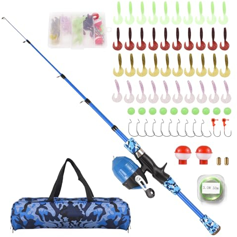 SOUUXIU Canna da Pesca per Bambini, Canna da Pesca telescopica e Kit Combinato Mulinello con Esche da Pesca, lenze, ami da Pesca