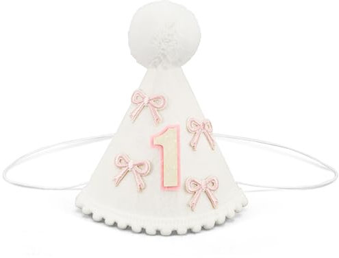 PEUTIER Rosa Hut mit Weißer Schleife, Partydekoration für Den 1. Geburtstag Baby-Geburtstagshut Süße Partyhüte für Geburtstage Rosa Hut zum 1. Geburtstag Zubehör für Baby-Mädchen