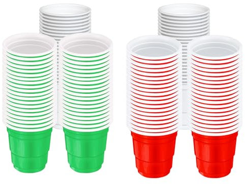 MFUOE 120 bicchieri di plastica natalizi, colore rosso, verde, bianco, per feste, resistenti e robusti, riutilizzabili, per feste in giardino di Natale (56,7 g)