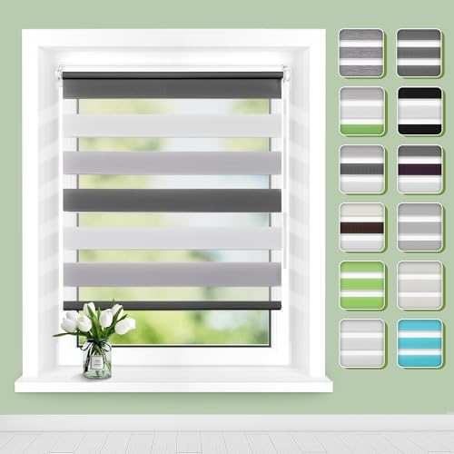 Buseu Doppelrollo Klemmfix ohne Bohren 75 x 120cm(Stoffbreite 70cm) | Weiß-grau-anthrazit Fenster Rollos für innen, Sichtschutz Sonnenschutz Feuchtbeständig, Einfache Montage für Wohnzimmer