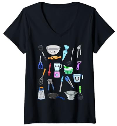Femme Beaucoup d'ustensiles de cuisine Kawaii T-Shirt avec Col en V
